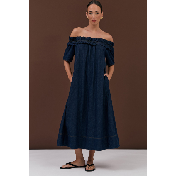 Maddie Light Weight Denim Off The Shoulder Dress